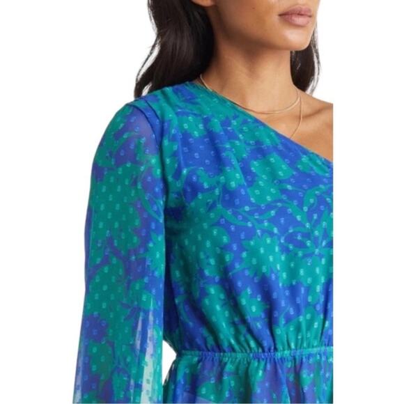 VICI Blue Green One Shoulder Floral Peplum Blouse Top XS NWT - Picture 4 of 9